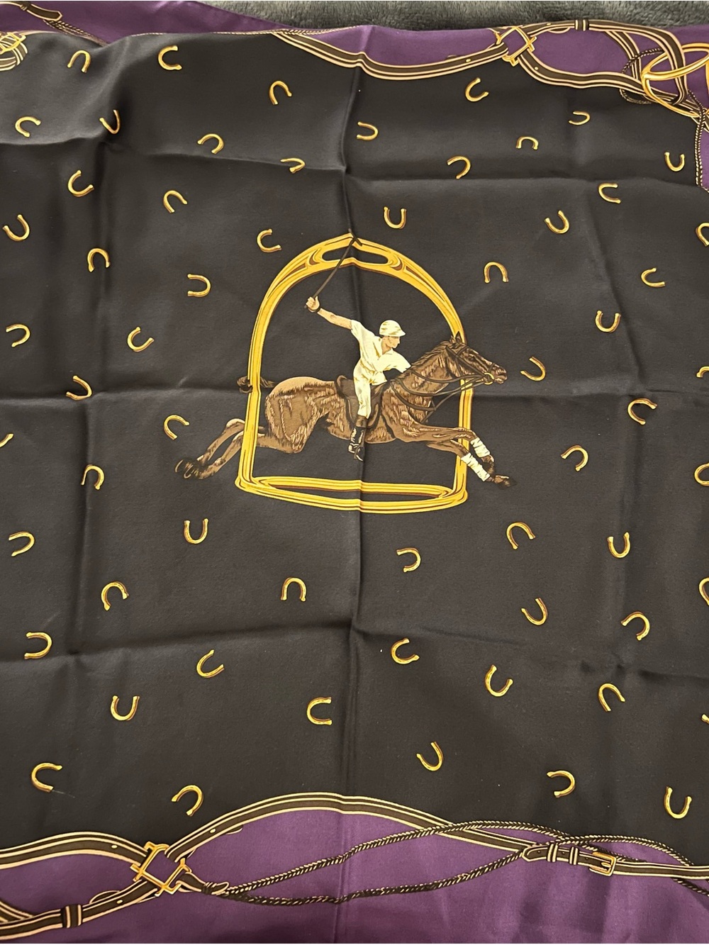 Ralph Lauren Vintage Equestrian Print Scarf. Black, Purple & Gold Colors.